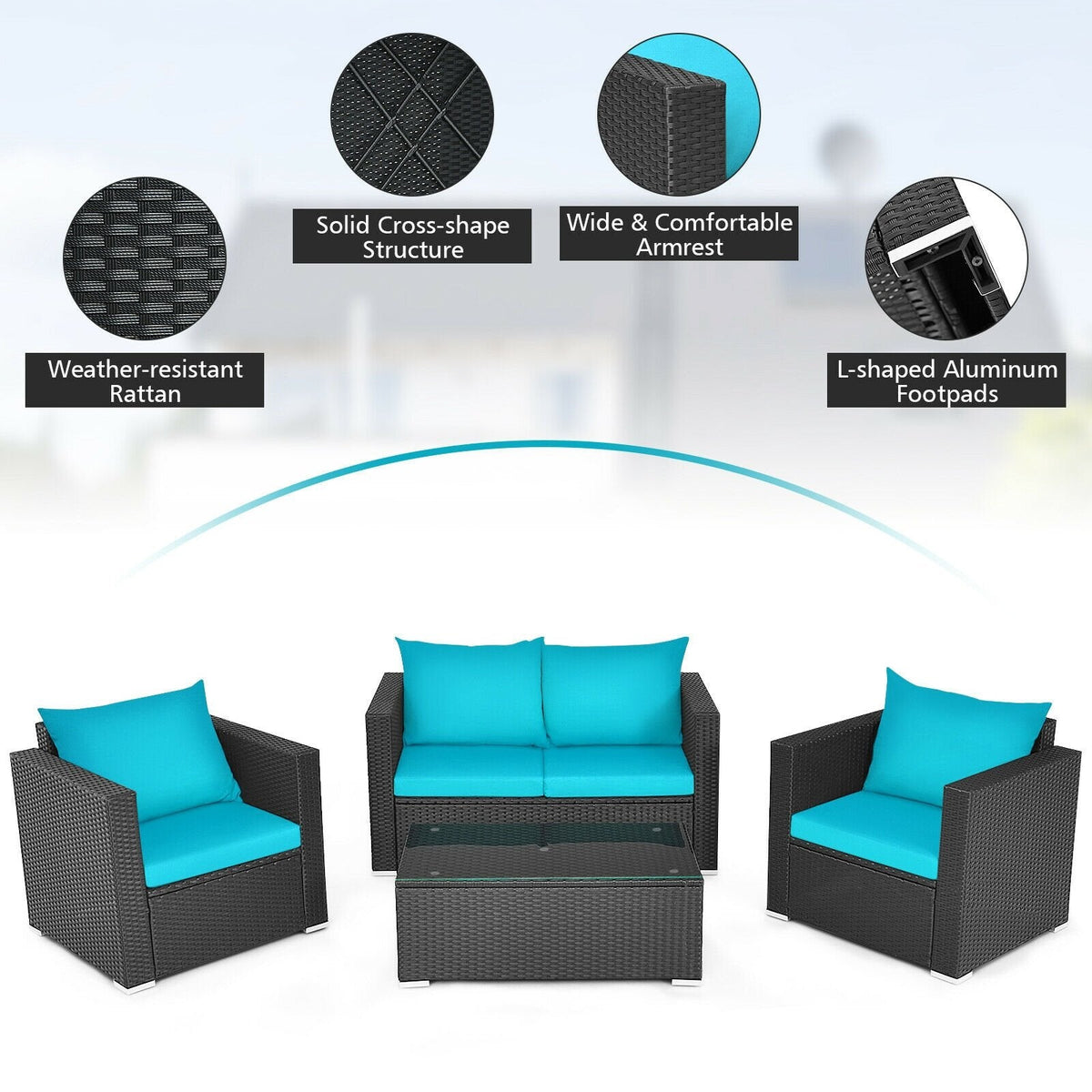 4 Piece Deep Seat Rattan Patio Conversation Set with Glass Coffee Table, Turquoise