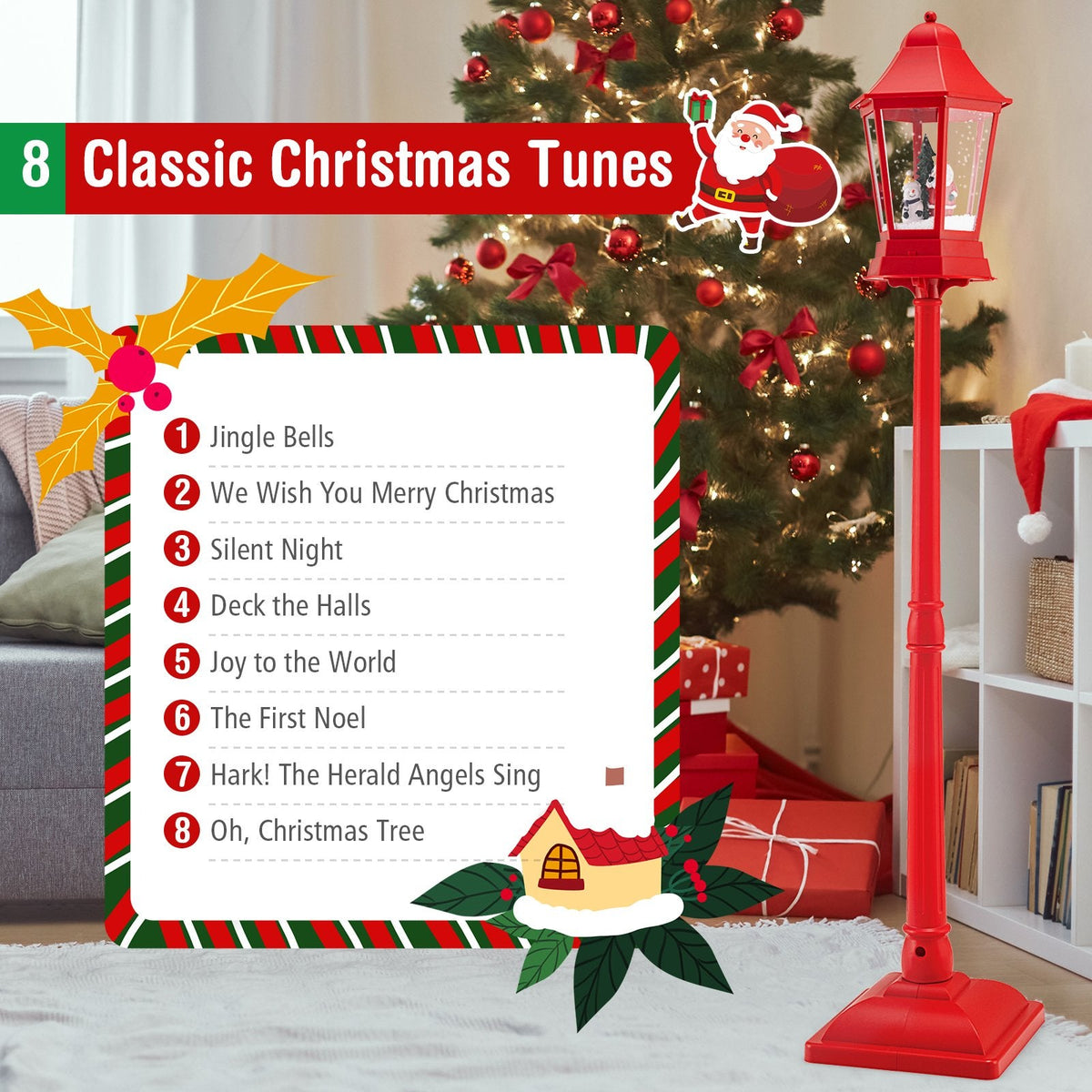 5.3 Feet Musical Christmas Street Lamp with Blowing Snow and LED Lights-Red
