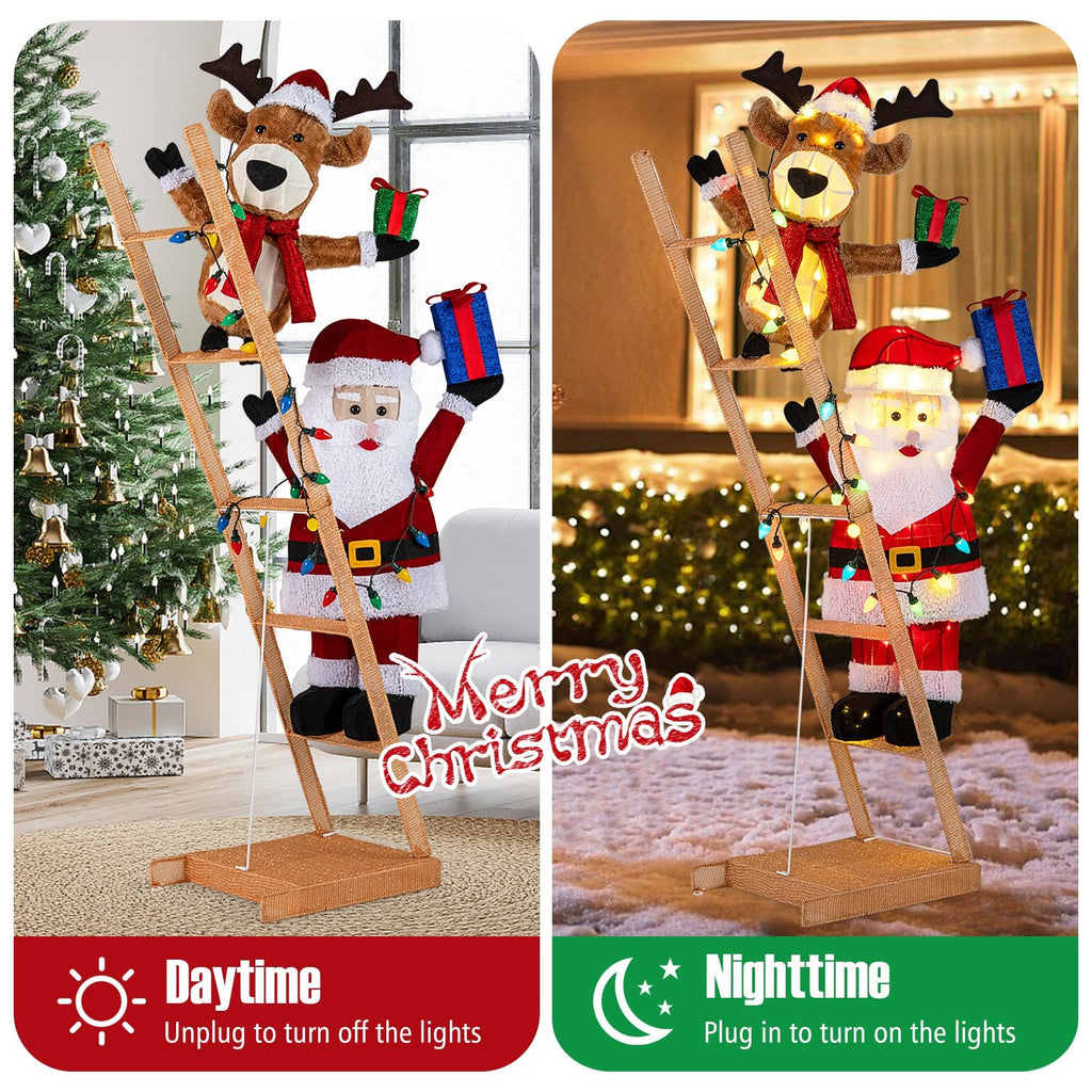 5.5 Feet Christmas Lighted Reindeer and Santa Claus on Ladder with 100 LED Lights