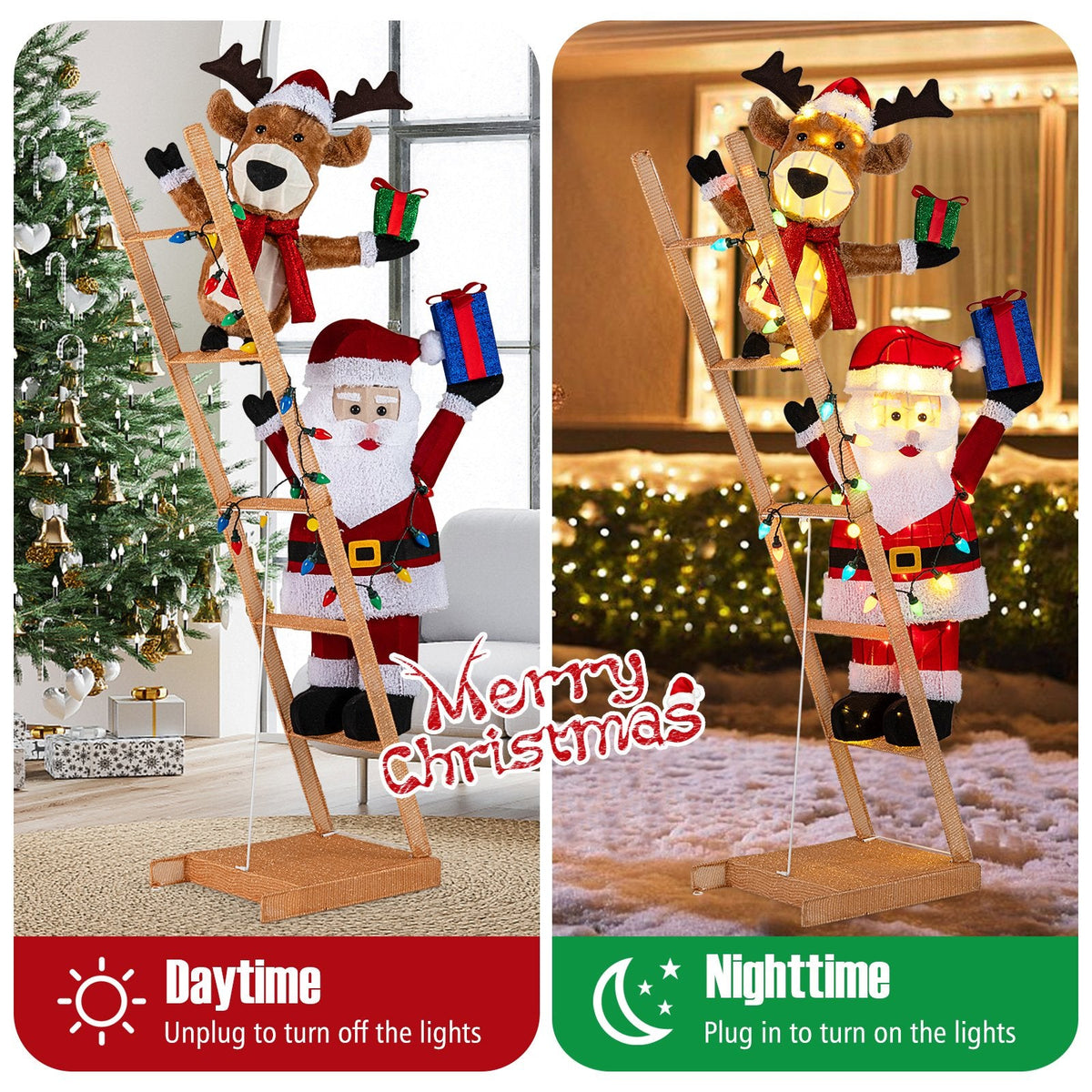 5.5 Feet Christmas Lighted Reindeer and Santa Claus on Ladder with 100 LED Lights