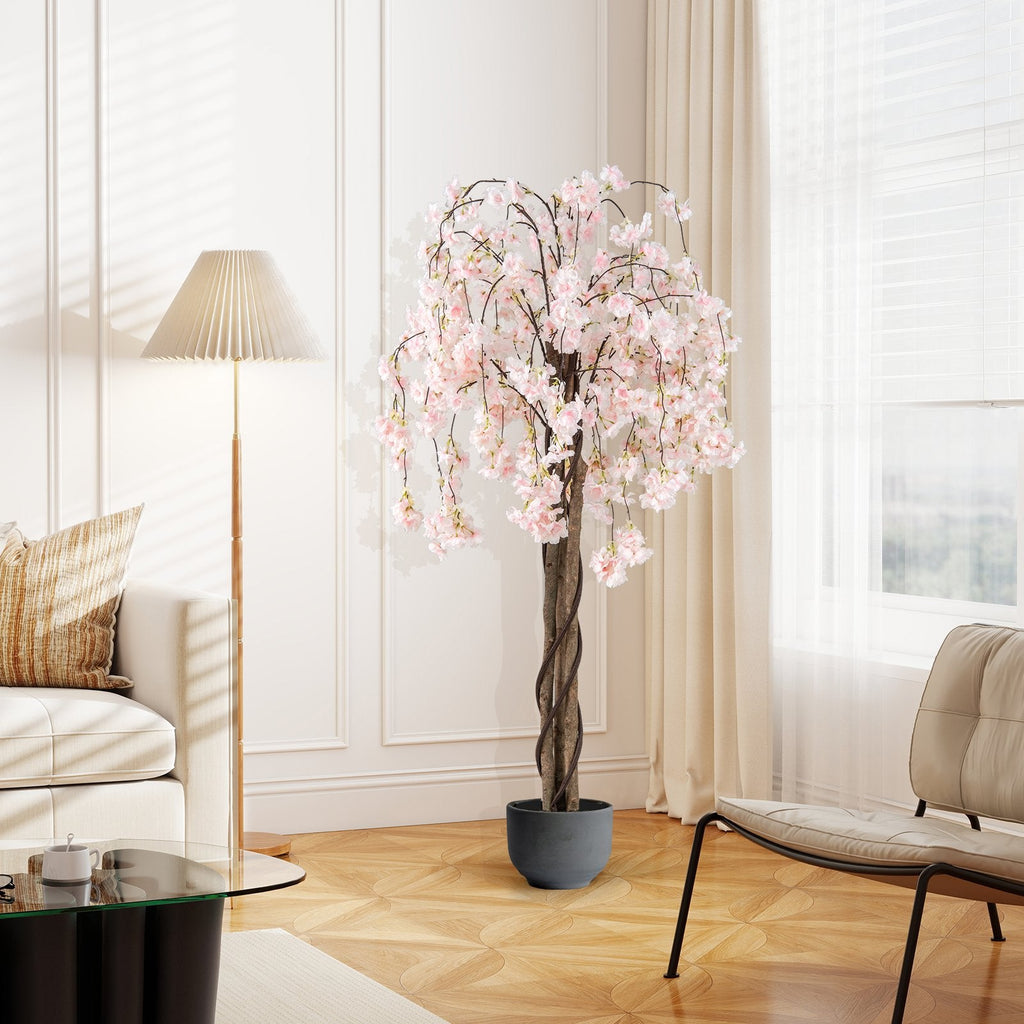 5.5 FT Tall Artificial Cherry Blossom Tree with Pink/White Flowers 1 Pack-White