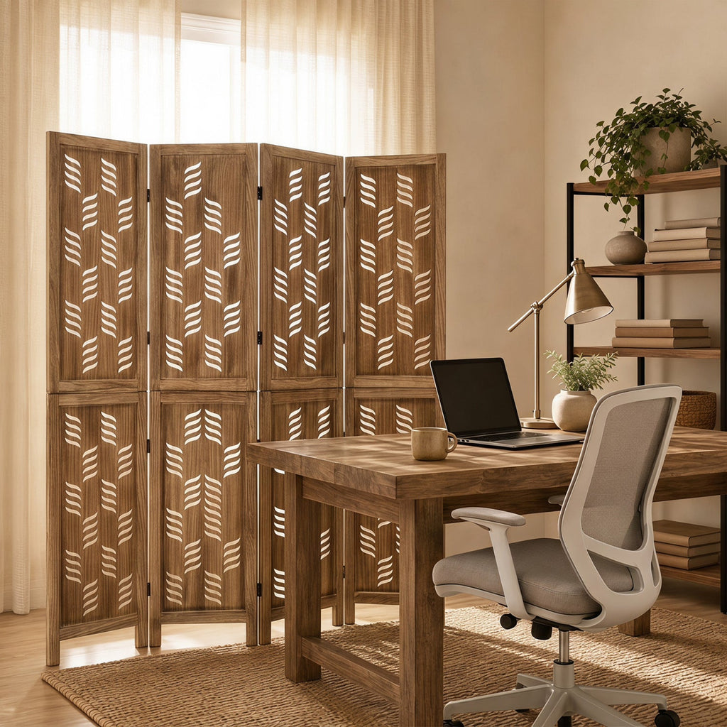 5.5 FT Tall Room Divider 4 Panels with Wave Cutout & Paulownia Frame for Room-Brown
