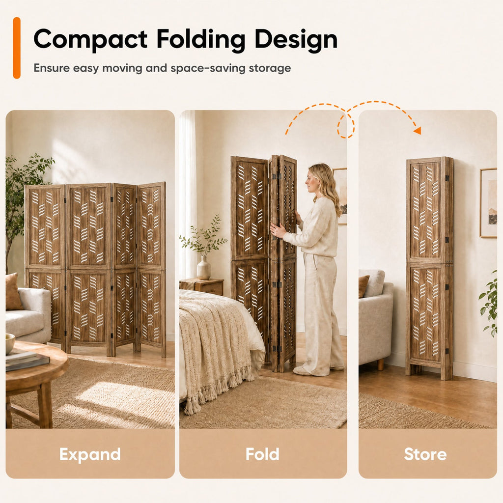 5.5 FT Tall Room Divider 4 Panels with Wave Cutout & Paulownia Frame for Room-Brown