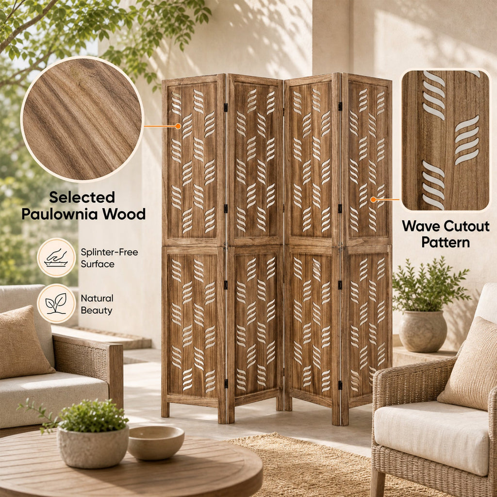 5.5 FT Tall Room Divider 4 Panels with Wave Cutout & Paulownia Frame for Room-Brown