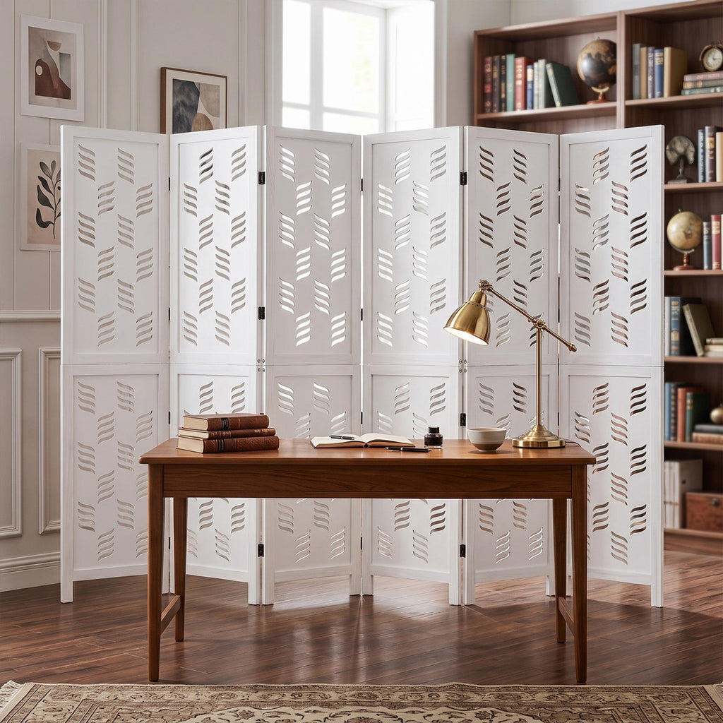5.5 FT Tall Room Divider 6 Panels with Wave Cutout & Paulownia Frame for Room-White