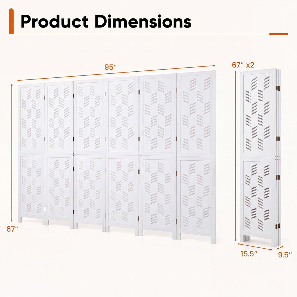 5.5 FT Tall Room Divider 6 Panels with Wave Cutout & Paulownia Frame for Room-White