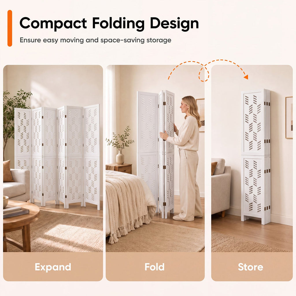 5.5 FT Tall Room Divider 6 Panels with Wave Cutout & Paulownia Frame for Room-White