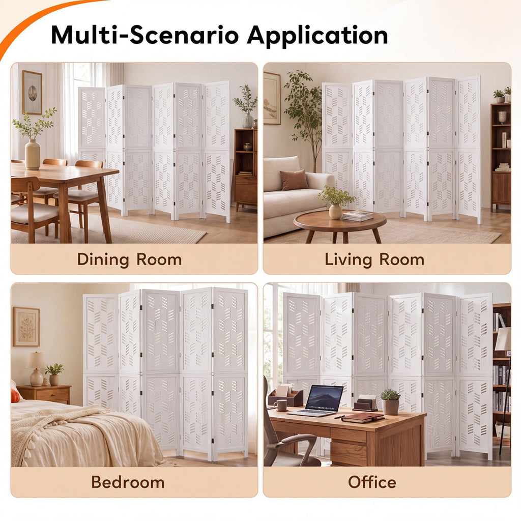 5.5 FT Tall Room Divider 6 Panels with Wave Cutout & Paulownia Frame for Room-White