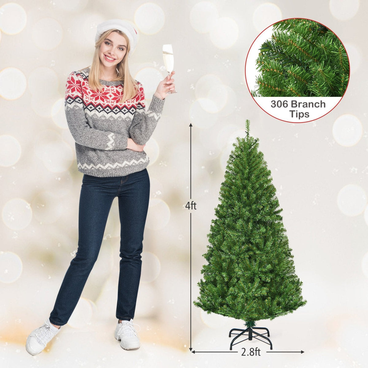 4 FT Pre-Lit Artificial Christmas Tree, Hinged Tabletop Xmas Tree with 11 Light Modes