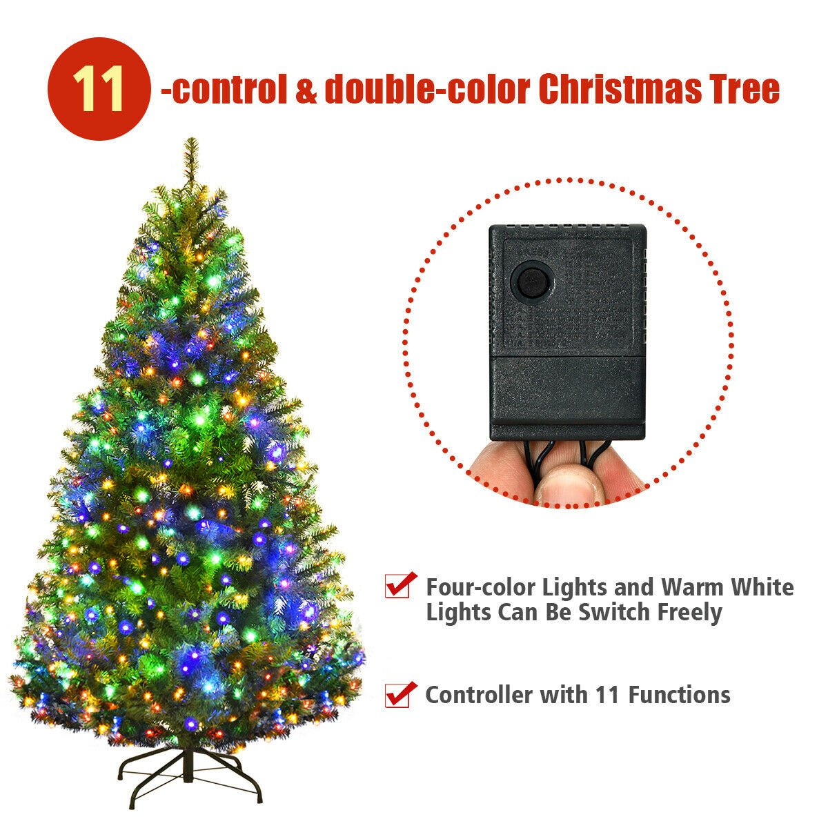 5 FT Pre-Lit Artificial Christmas Tree, Hinged, 600 Tips, 150 LEDs and 11 Light Modes