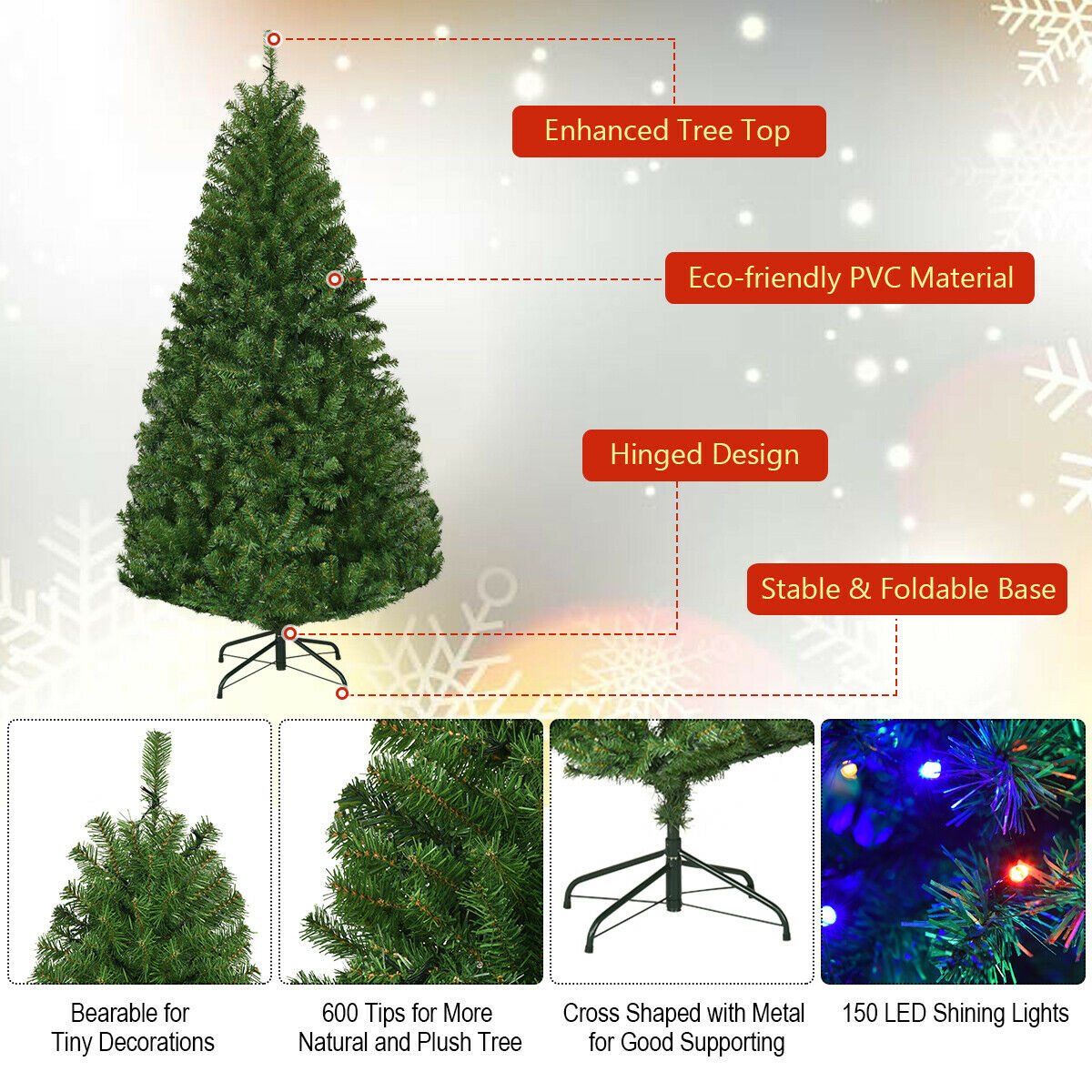 5 FT Pre-Lit Artificial Christmas Tree, Hinged, 600 Tips, 150 LEDs and 11 Light Modes