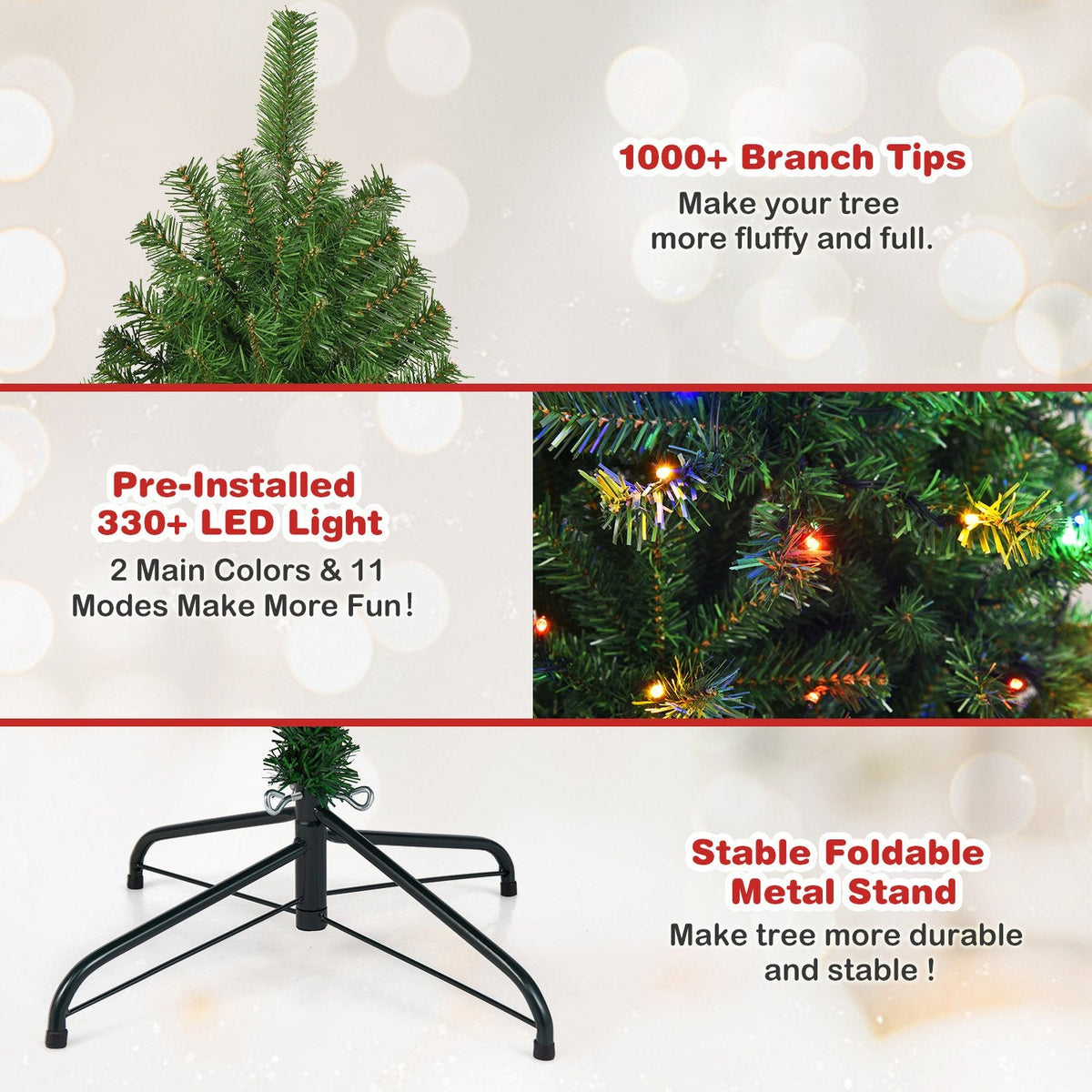 6 FT Pre-Lit Artificial Christmas Tree, Hinged, Over 1000 Tips and 330 LEDs with 11 Modes