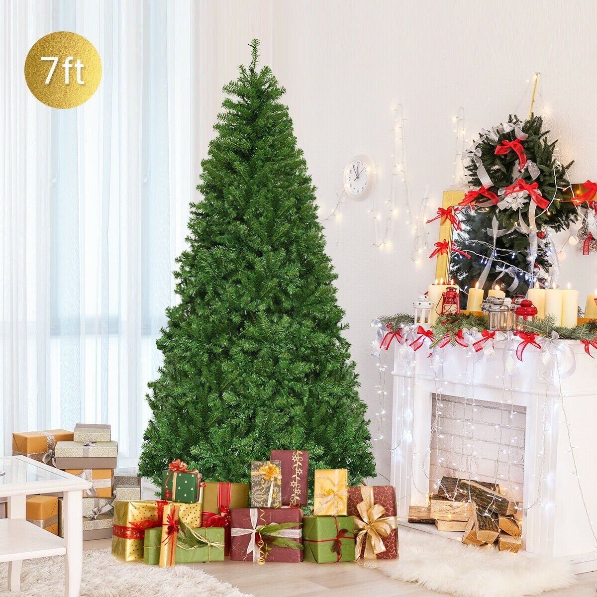 7 FT Pre-Lit Artificial Christmas Tree, Hinged Xmas Tree with 11 Light Modes and Metal Stand