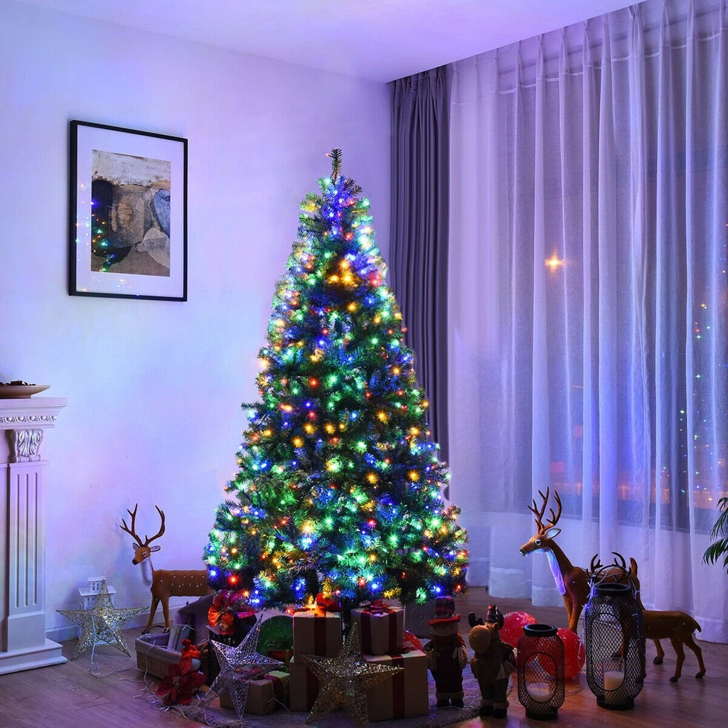 7 FT Pre-Lit Artificial Christmas Tree, Hinged Xmas Tree with 11 Light Modes and Metal Stand