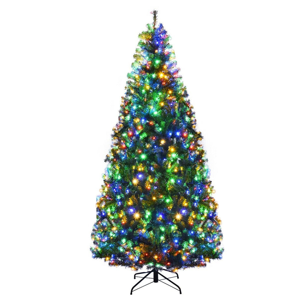 7 FT Pre-Lit Artificial Christmas Tree, Hinged Xmas Tree with 11 Light Modes and Metal Stand