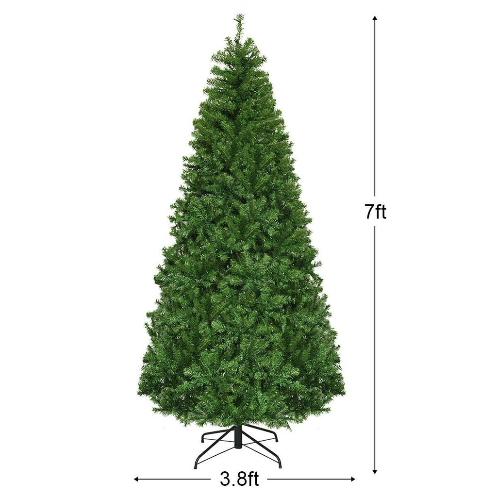 7 FT Pre-Lit Artificial Christmas Tree, Hinged Xmas Tree with 11 Light Modes and Metal Stand
