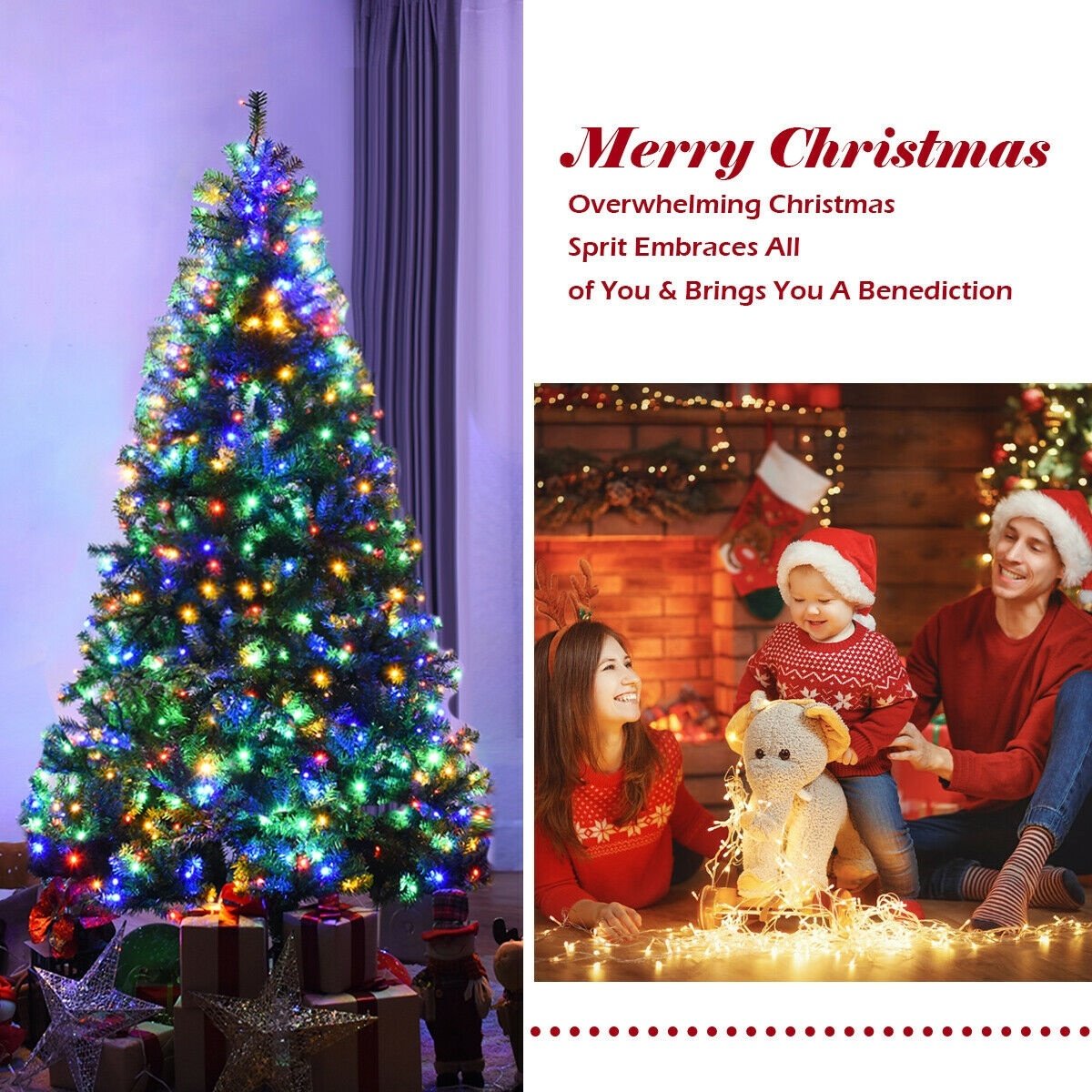 7 FT Pre-Lit Artificial Christmas Tree, Hinged Xmas Tree with 11 Light Modes and Metal Stand