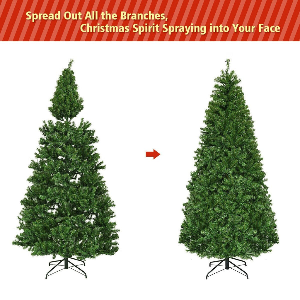 7 FT Pre-Lit Artificial Christmas Tree, Hinged Xmas Tree with 11 Light Modes and Metal Stand