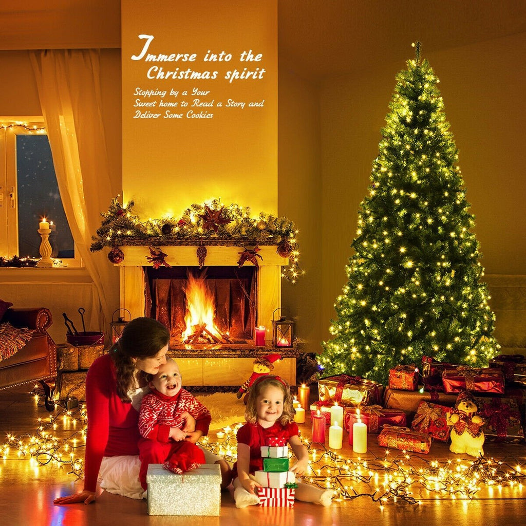 7 FT Pre-Lit Artificial Christmas Tree, Hinged Xmas Tree with 11 Light Modes and Metal Stand