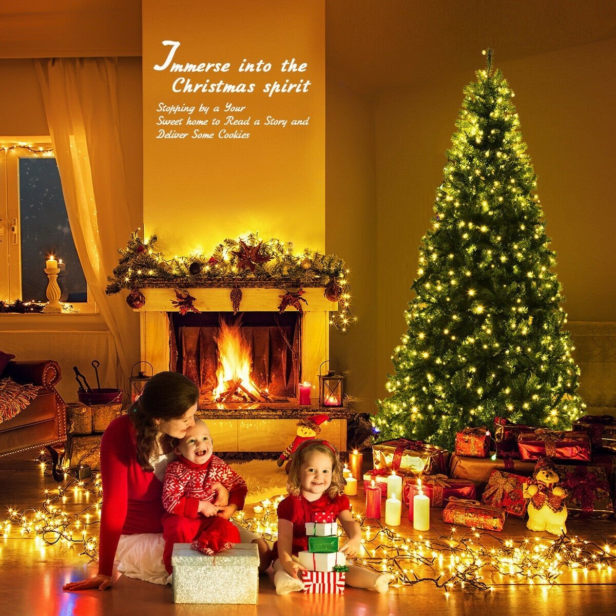7 FT Pre-Lit Artificial Christmas Tree, Hinged Xmas Tree with 11 Light Modes and Metal Stand