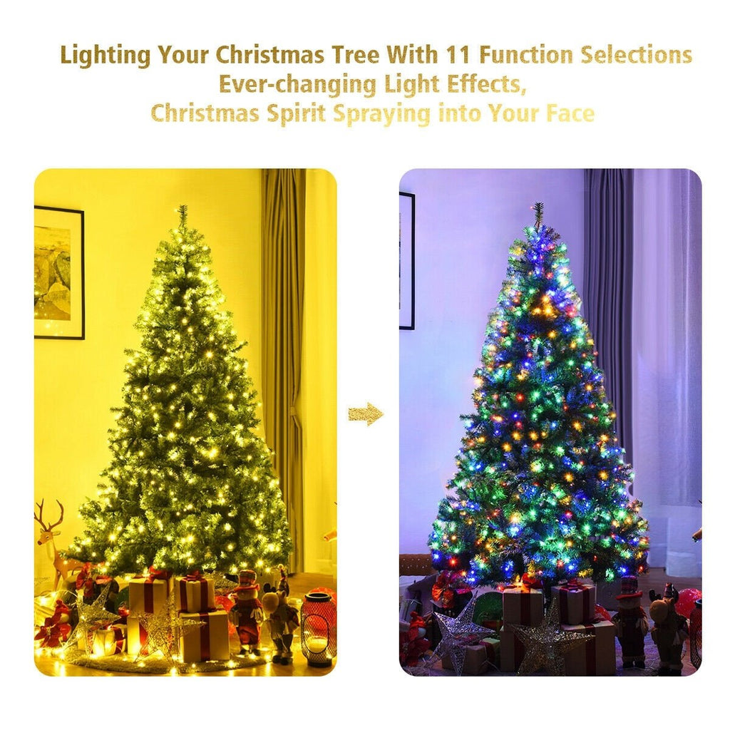 7 FT Pre-Lit Artificial Christmas Tree, Hinged Xmas Tree with 11 Light Modes and Metal Stand