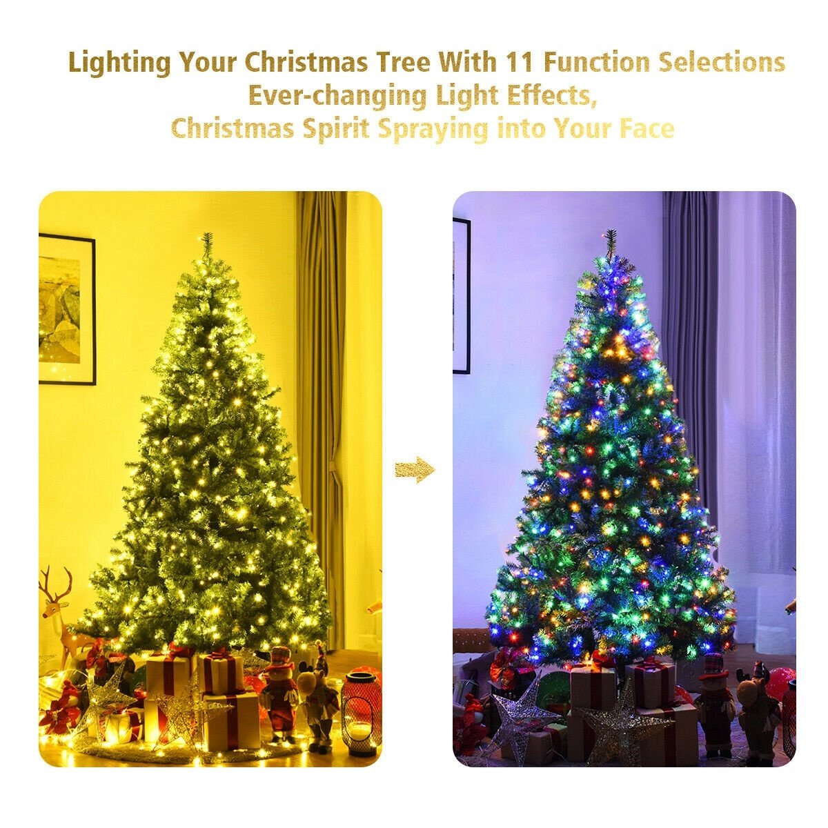 7 FT Pre-Lit Artificial Christmas Tree, Hinged Xmas Tree with 11 Light Modes and Metal Stand