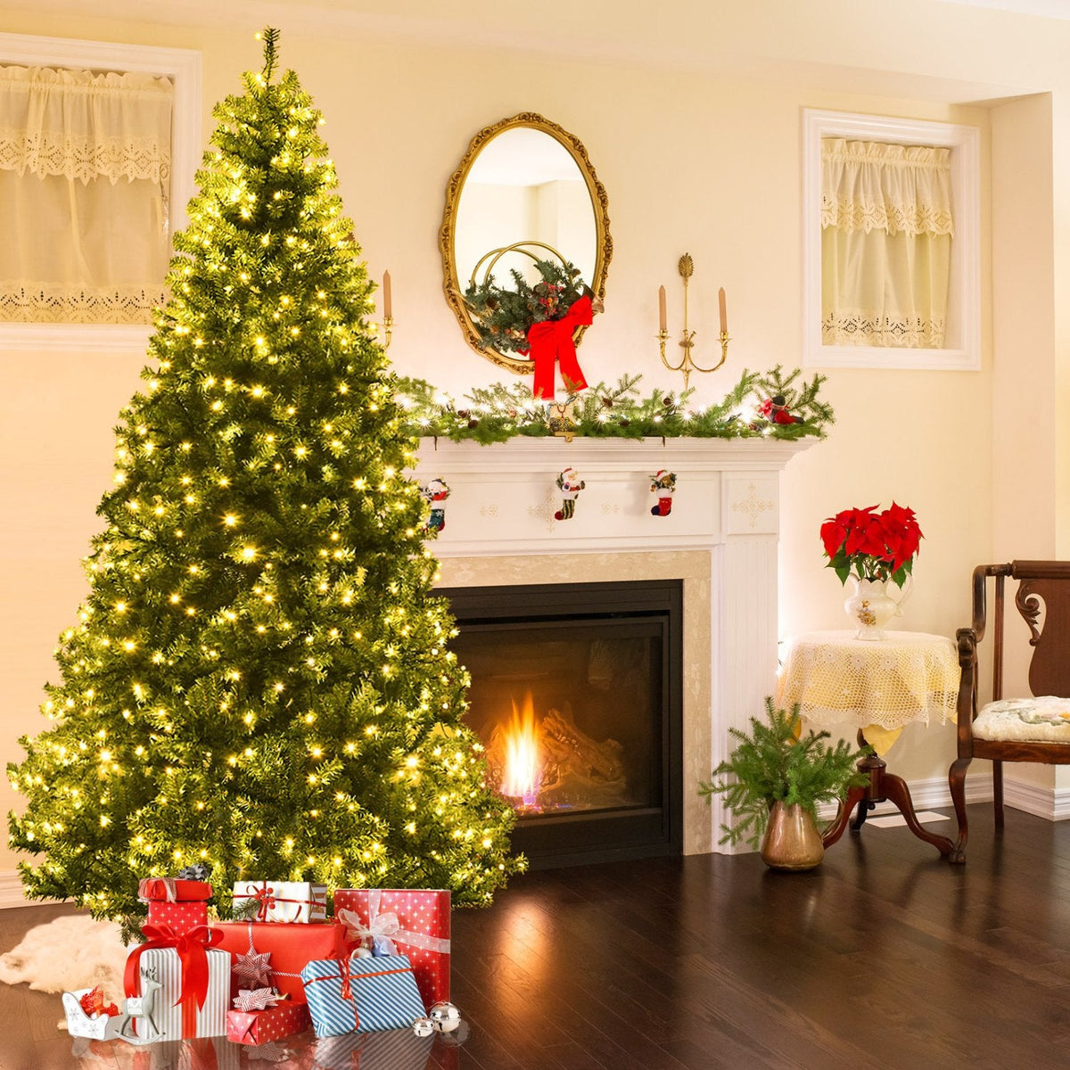 8 FT Pre-Lit Artificial Christmas Tree, Hinged, 2128 Branch Tips, 750 LEDs and 11 Light Modes
