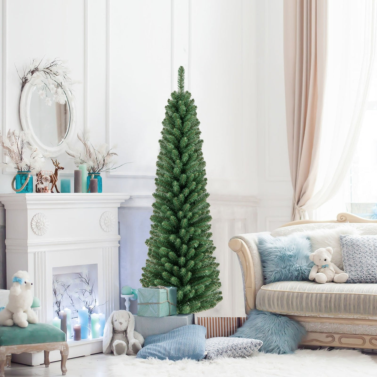 5 FT Unlit Pencil Christmas Tree with 295 Memory Wire Branch Tips and Upgraded Metal Stand
