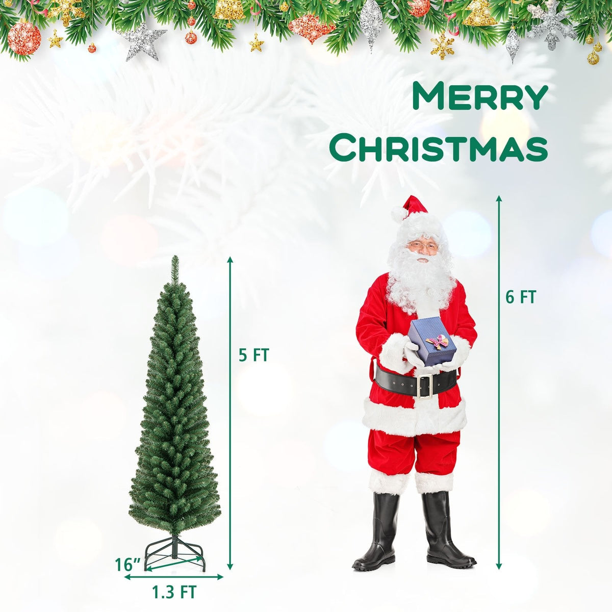 5 FT Unlit Pencil Christmas Tree with 295 Memory Wire Branch Tips and Upgraded Metal Stand