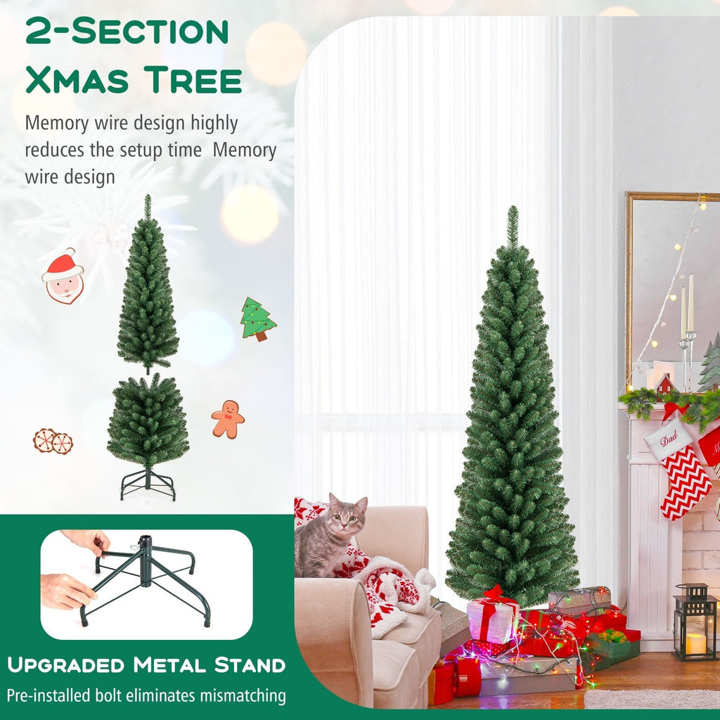 5 FT Unlit Pencil Christmas Tree with 295 Memory Wire Branch Tips and Upgraded Metal Stand