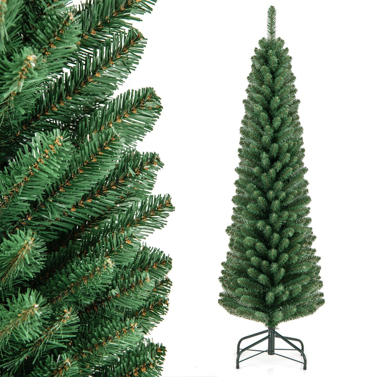 5 FT Unlit Pencil Christmas Tree with 295 Memory Wire Branch Tips and Upgraded Metal Stand