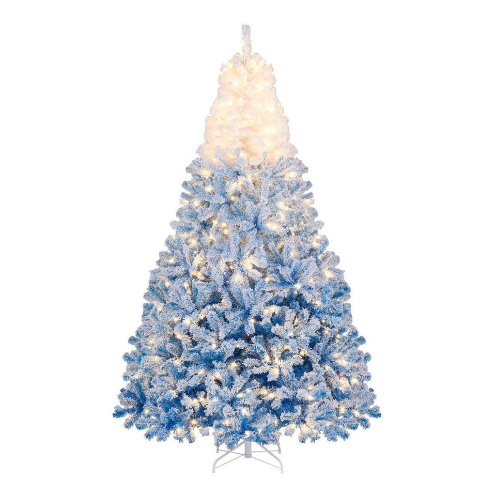 8 FT Blue Gradient Snow Flocked Pre-Lit Christmas Tree with 1774 Tips and 470 Warm White LEDs