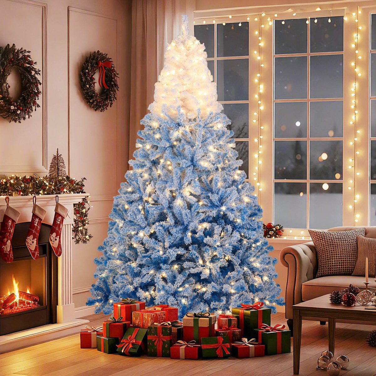 8 FT Blue Gradient Snow Flocked Pre-Lit Christmas Tree with 1774 Tips and 470 Warm White LEDs