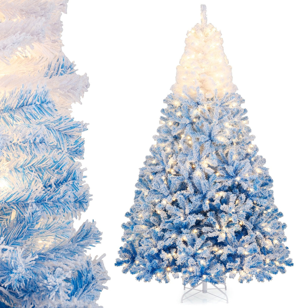 8 FT Blue Gradient Snow Flocked Pre-Lit Christmas Tree with 1774 Tips and 470 Warm White LEDs