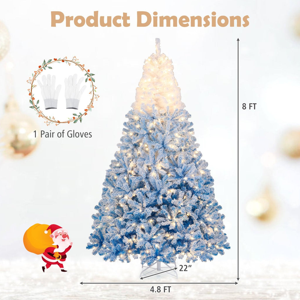 8 FT Blue Gradient Snow Flocked Pre-Lit Christmas Tree with 1774 Tips and 470 Warm White LEDs