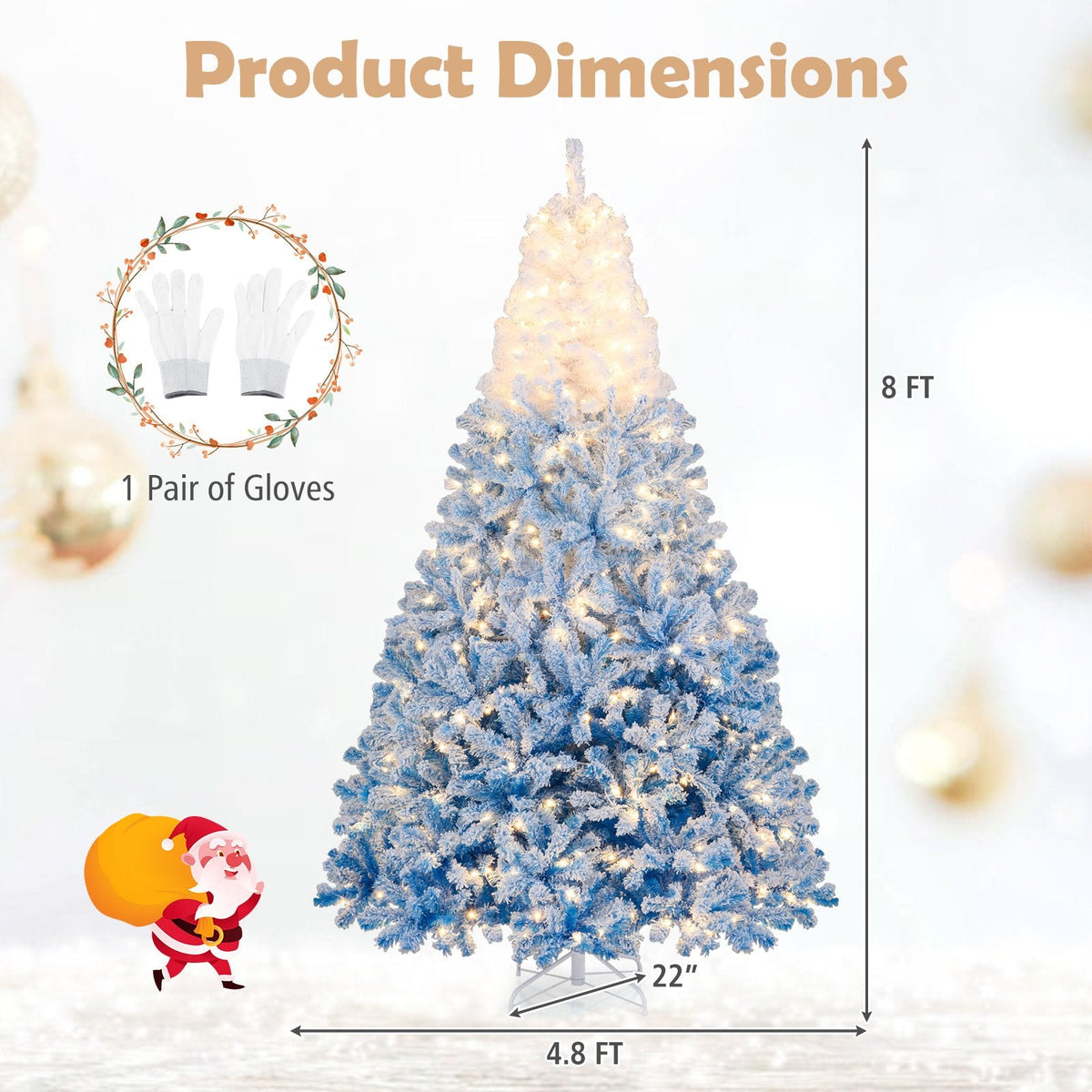 8 FT Blue Gradient Snow Flocked Pre-Lit Christmas Tree with 1774 Tips and 470 Warm White LEDs