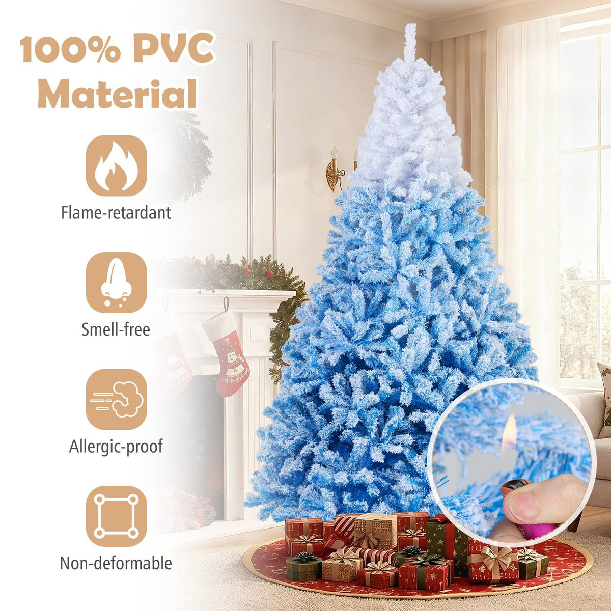 8 FT Blue Gradient Snow Flocked Pre-Lit Christmas Tree with 1774 Tips and 470 Warm White LEDs