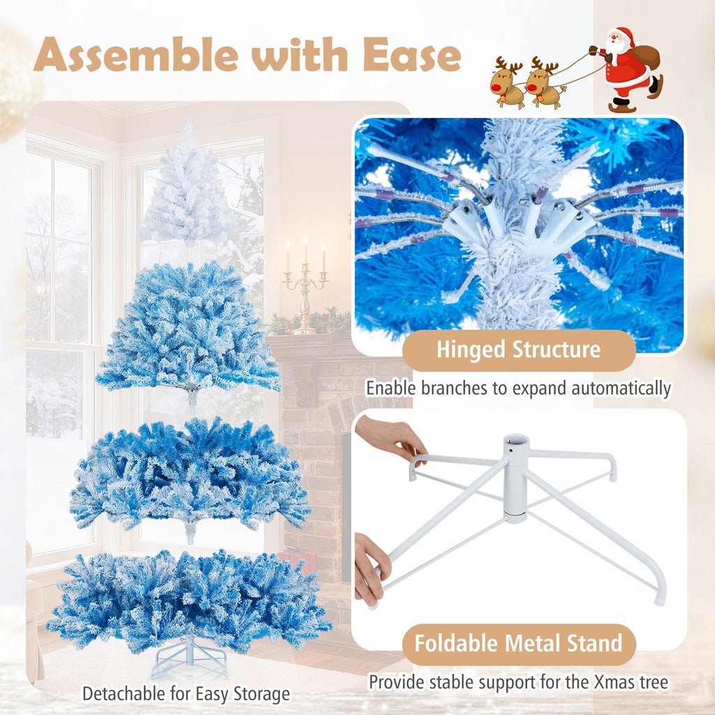 8 FT Blue Gradient Snow Flocked Pre-Lit Christmas Tree with 1774 Tips and 470 Warm White LEDs