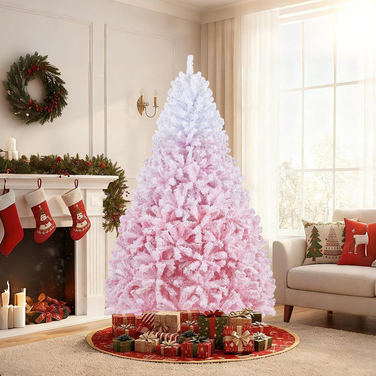 7 FT Pink Gradient Snow Flocked Pre-Lit Christmas Tree with 1264 Tips and 350 Warm White LEDs