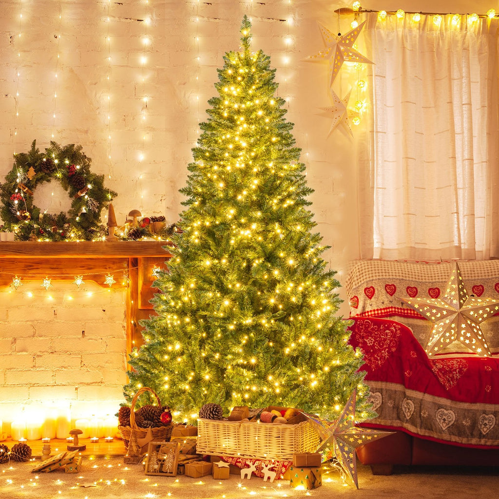 7 FT Pre-Lit Hinged Christmas Tree with 990 Tips, 1000 Warm White LEDs, 7 Modes and Memory