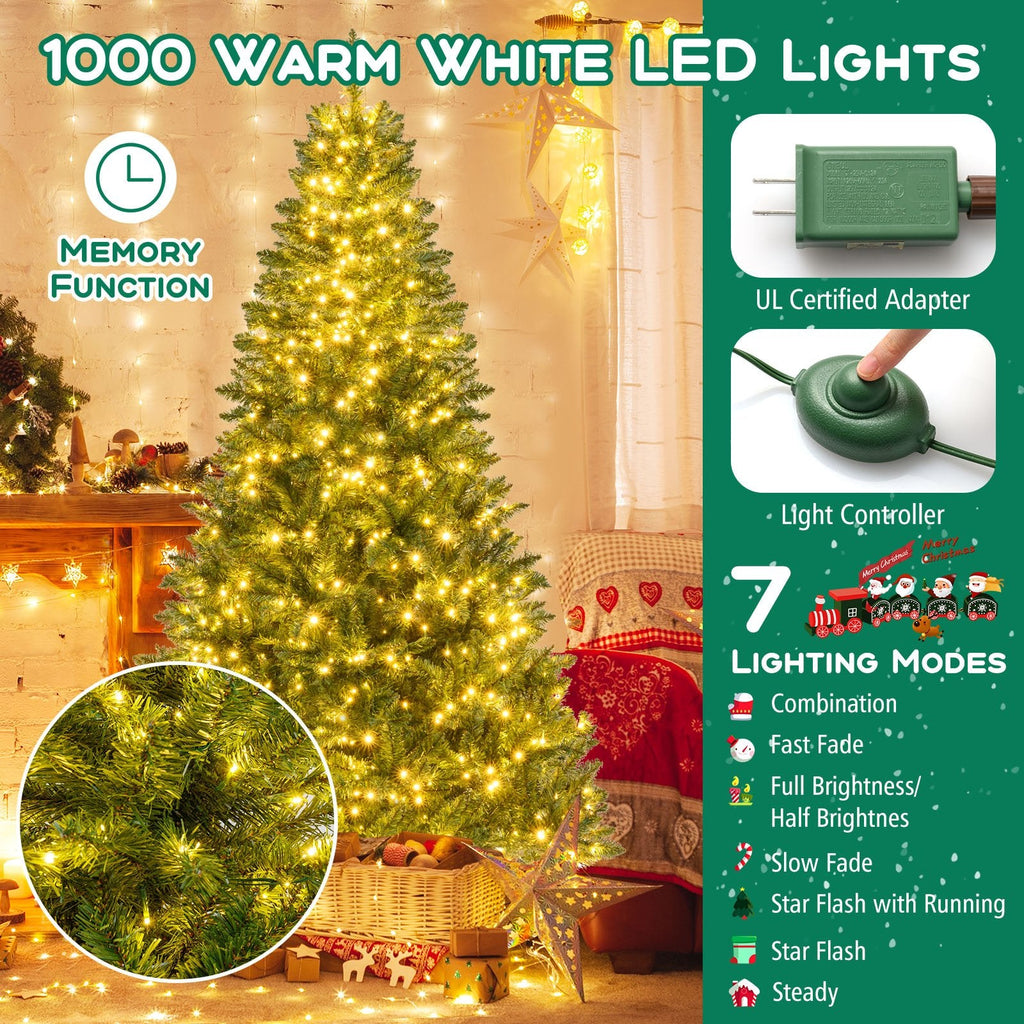 7 FT Pre-Lit Hinged Christmas Tree with 990 Tips, 1000 Warm White LEDs, 7 Modes and Memory