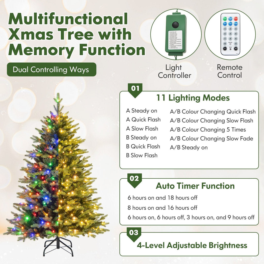 5 FT Pre-Lit Hinged Christmas Tree with 844 Tips, 250 LEDs, Remote, 11 Modes and Memory Function