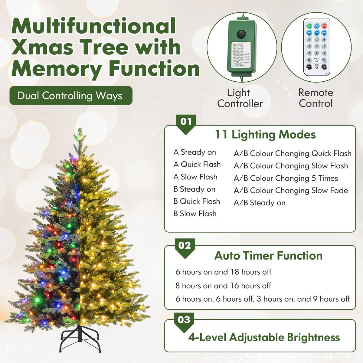 5 FT Pre-Lit Hinged Christmas Tree with 844 Tips, 250 LEDs, Remote, 11 Modes and Memory Function
