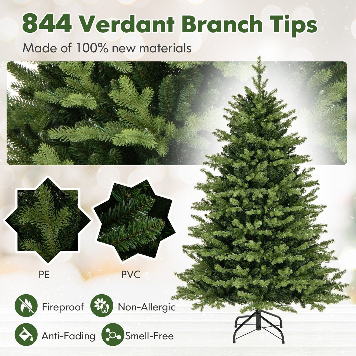 5 FT Pre-Lit Hinged Christmas Tree with 844 Tips, 250 LEDs, Remote, 11 Modes and Memory Function