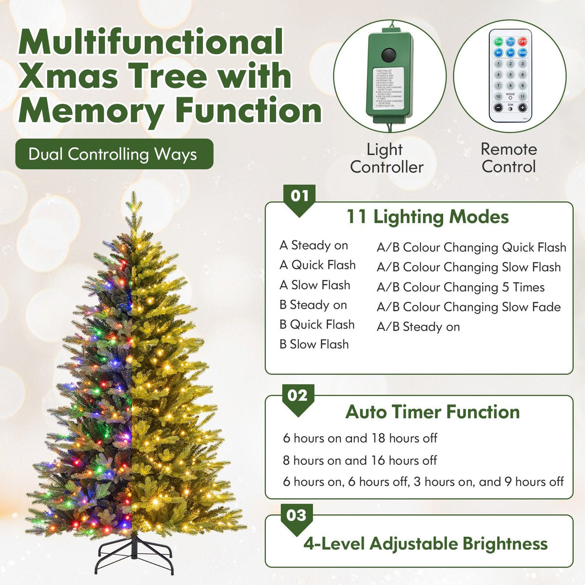6 FT Pre-Lit Hinged Christmas Tree with 1168 Tips, 350 LEDs, Remote, 11 Modes and Memory