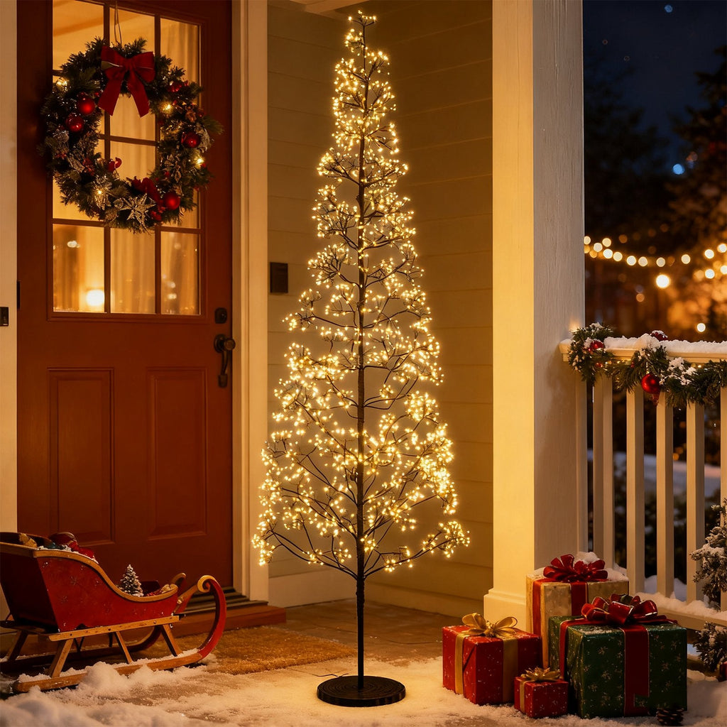 7 FT Lighted Alpine Cedar Tree with 2100 Warm White LEDs and Weighted Cement Base