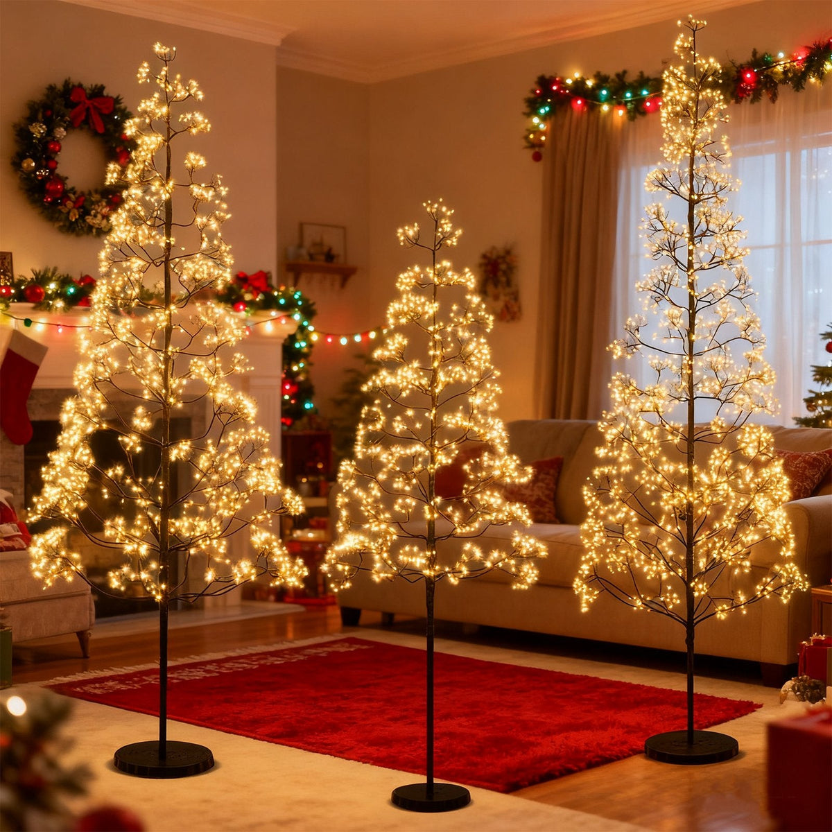 7 FT Lighted Alpine Cedar Tree with 2100 Warm White LEDs and Weighted Cement Base
