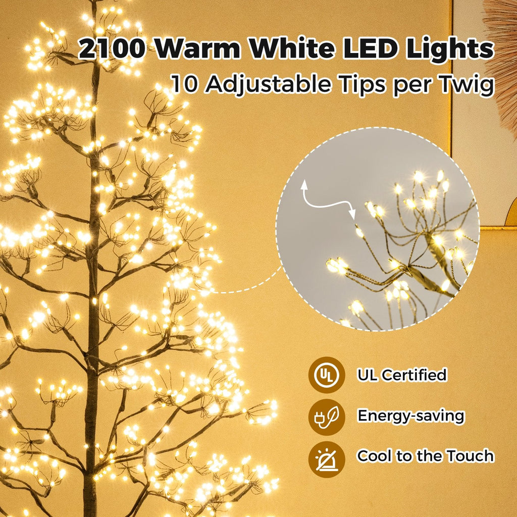 7 FT Lighted Alpine Cedar Tree with 2100 Warm White LEDs and Weighted Cement Base