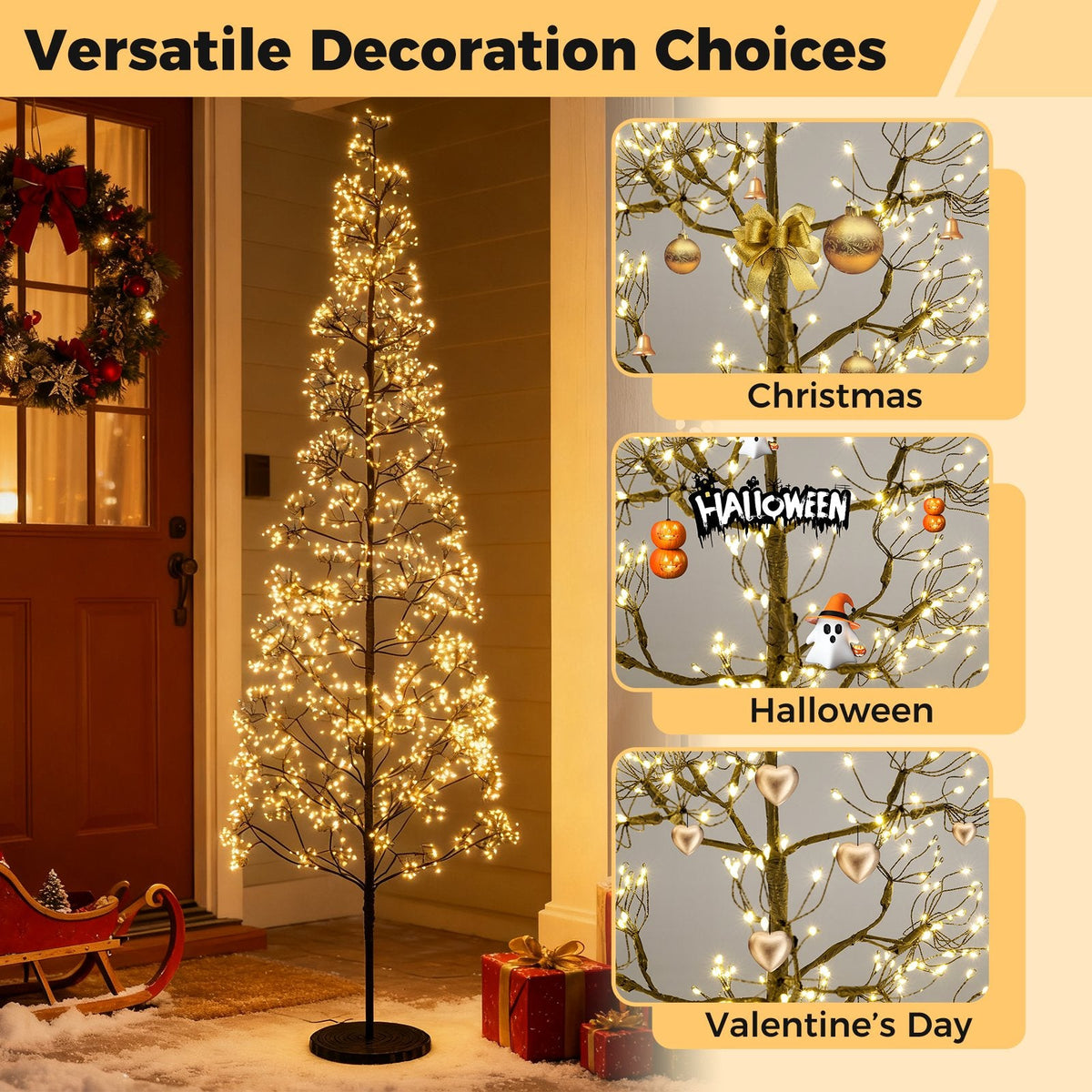 7 FT Lighted Alpine Cedar Tree with 2100 Warm White LEDs and Weighted Cement Base