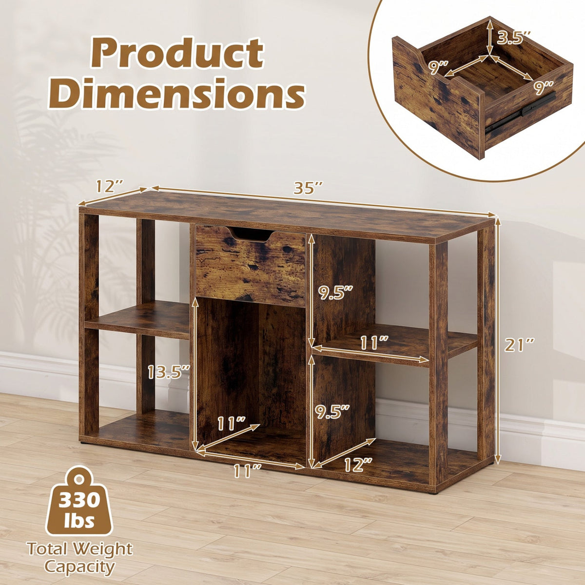 5-Cube Bookcase with Storage Drawer Freestanding Bookshelf Modern Display Rack-Rustic Brown
